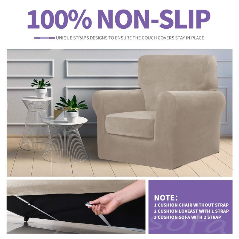 ZNSAYOTX Luxury Velvet Chair Slipcovers with Arms 2 Piece Stretch Chair Covers for Living Room Thick Soft Armchair Slipcover Anti Slip Dog Pet Friendly Furniture Protector (Khaki),30"-47"(1 Cushion) - Image 5